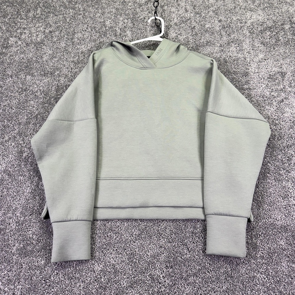 UNRL Hoodie Womens Small Gray Stretch Knit Pullover V Neck Cropped Logo